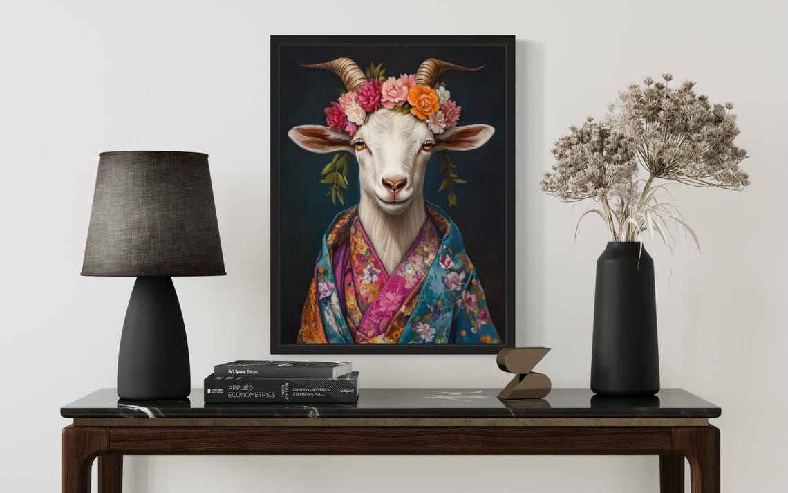 Regal White Goat In Floral Kimono With Flower Crown Art Print - Image 2