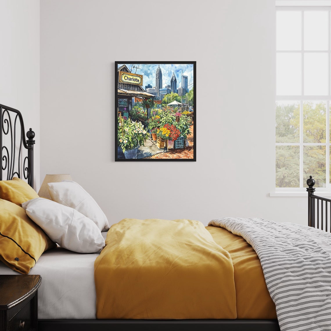 Charlotte North Carolina Skyline Watercolor Flower Scene Poster - Image 3