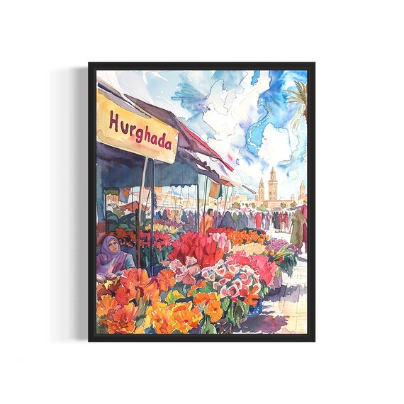 Hurghada Egypt Flower Market Poster Art Print Neutral Botanical Pastel Artwork Wall Art Painting Bedroom Restroom Decor