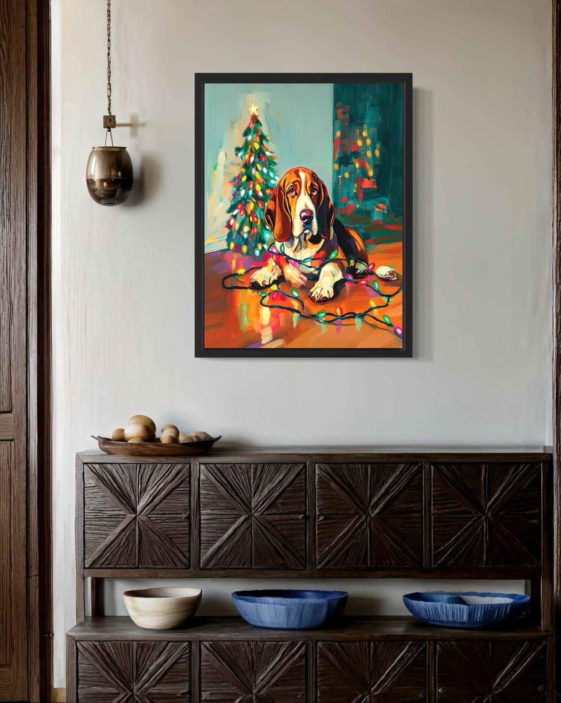 Basset Hound Lying Under Glowing Christmas Lights Holiday Tree Poster - Image 3