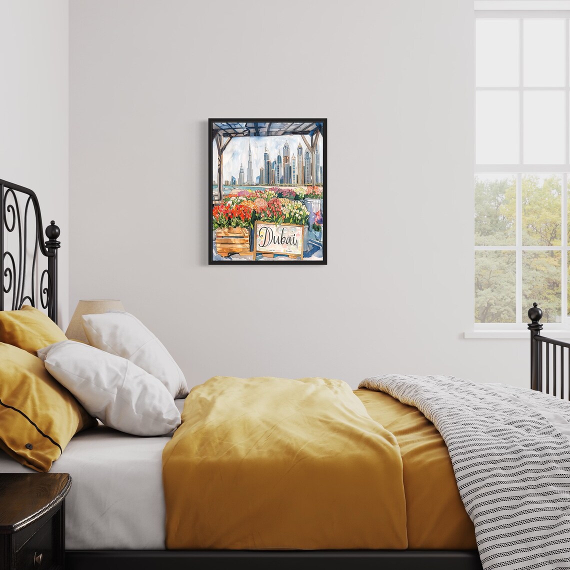 Dubai Flower Market Watercolor Poster Burj Khalifa Skyline View - Image 3