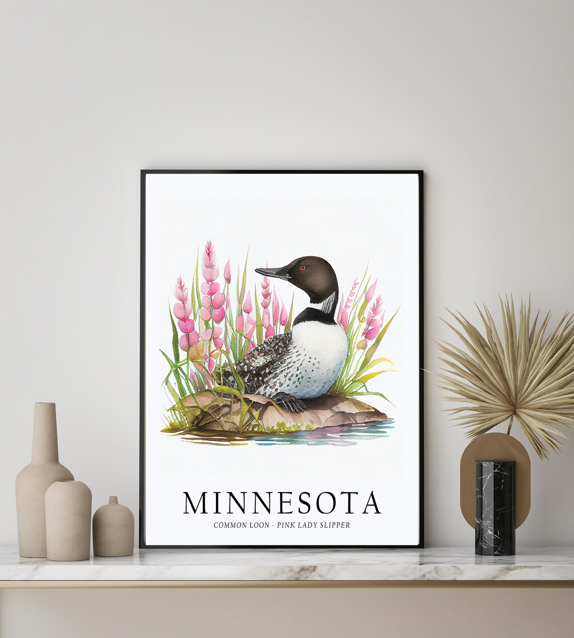 Minnesota State Bird Art Print, State Flower Wall Art - Image 2