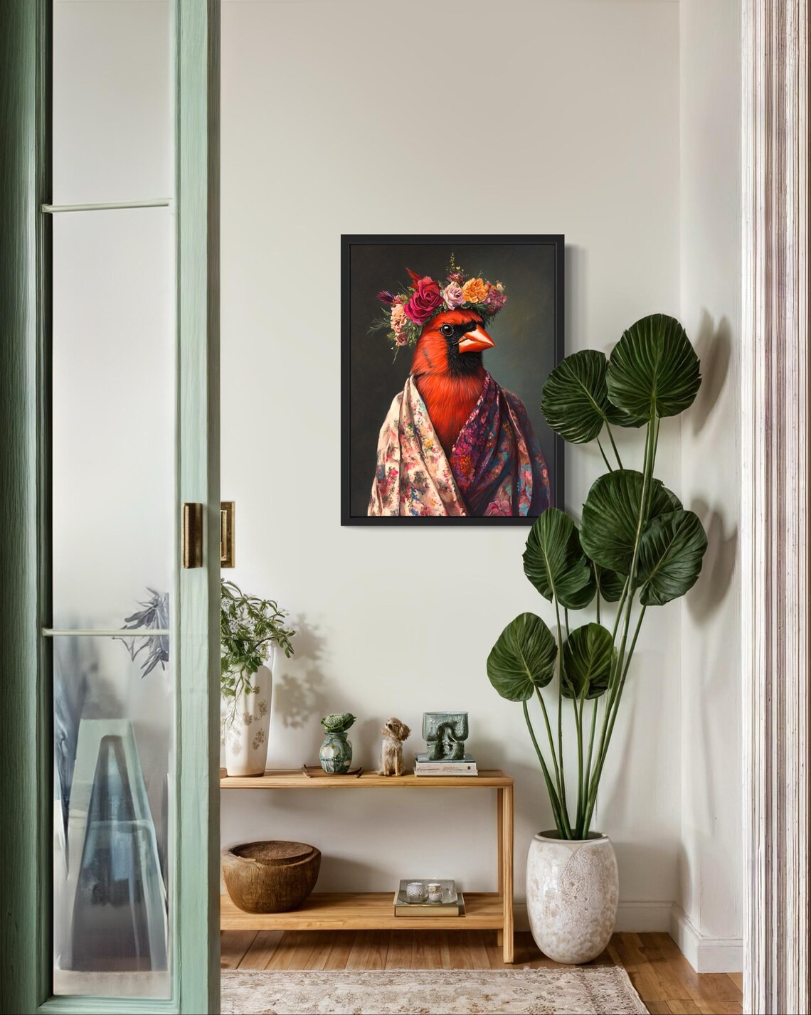 Red Cardinal Songbird Flower Crown Floral Kimono Portrait Art Print - Image 2