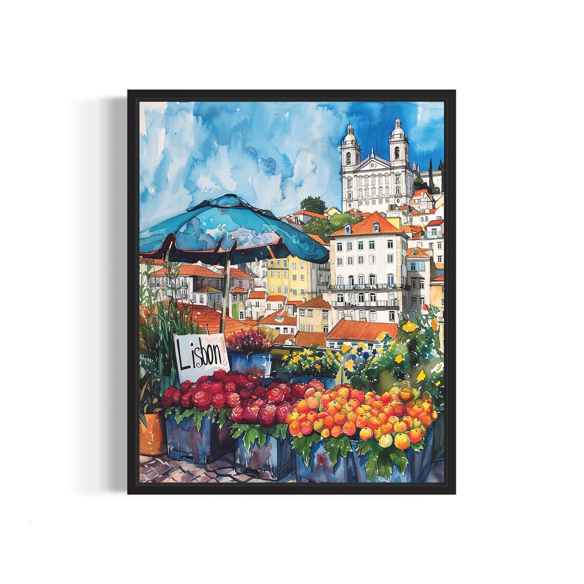 Lisbon Portugal Alfama District Watercolor Flower Market Poster
