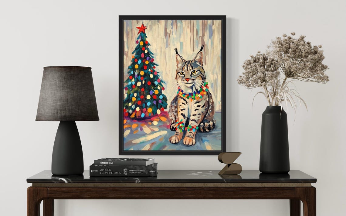 Bobcat Tangled In Christmas Lights Holiday Tree Poster Artwork - Image 3