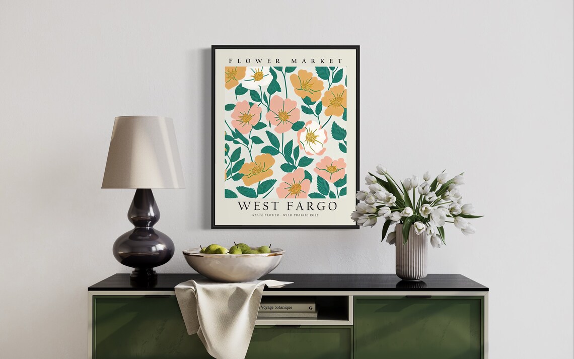 Vintage West Fargo North Dakota Wild Prairie Rose Flower Market Art Poster - Image 3