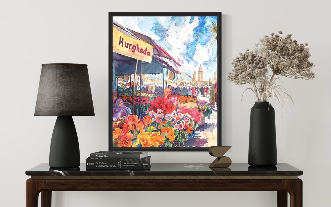 Hurghada Flower Market Watercolor Poster Sunny Red Sea Souk Scene - Image 2