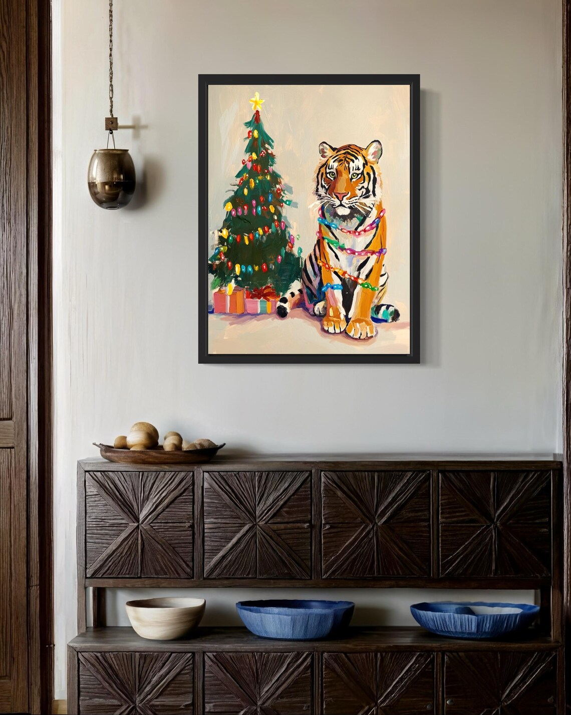 Tiger Wrapped in Colorful Christmas Lights by Holiday Tree Poster - Image 3