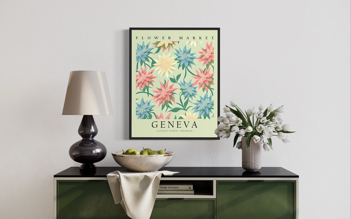 Geneva Flower Market Edelweiss Alpine Blossom Botanical Vintage Poster - Image 2