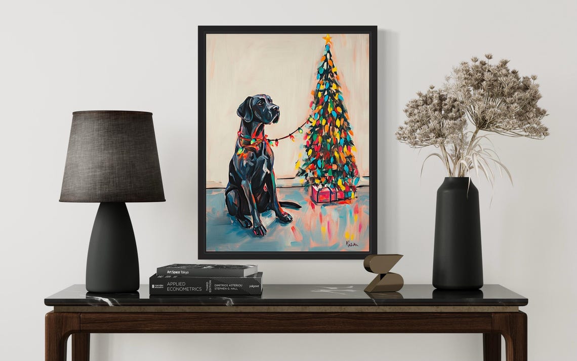 Black Great Dane Dog with Christmas Lights by Holiday Tree Poster - Image 3