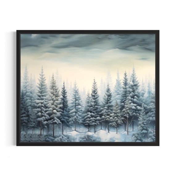 Winter Pine Tree Forest Poster Art Print Winter Scenery Artwork Wall Art Painting