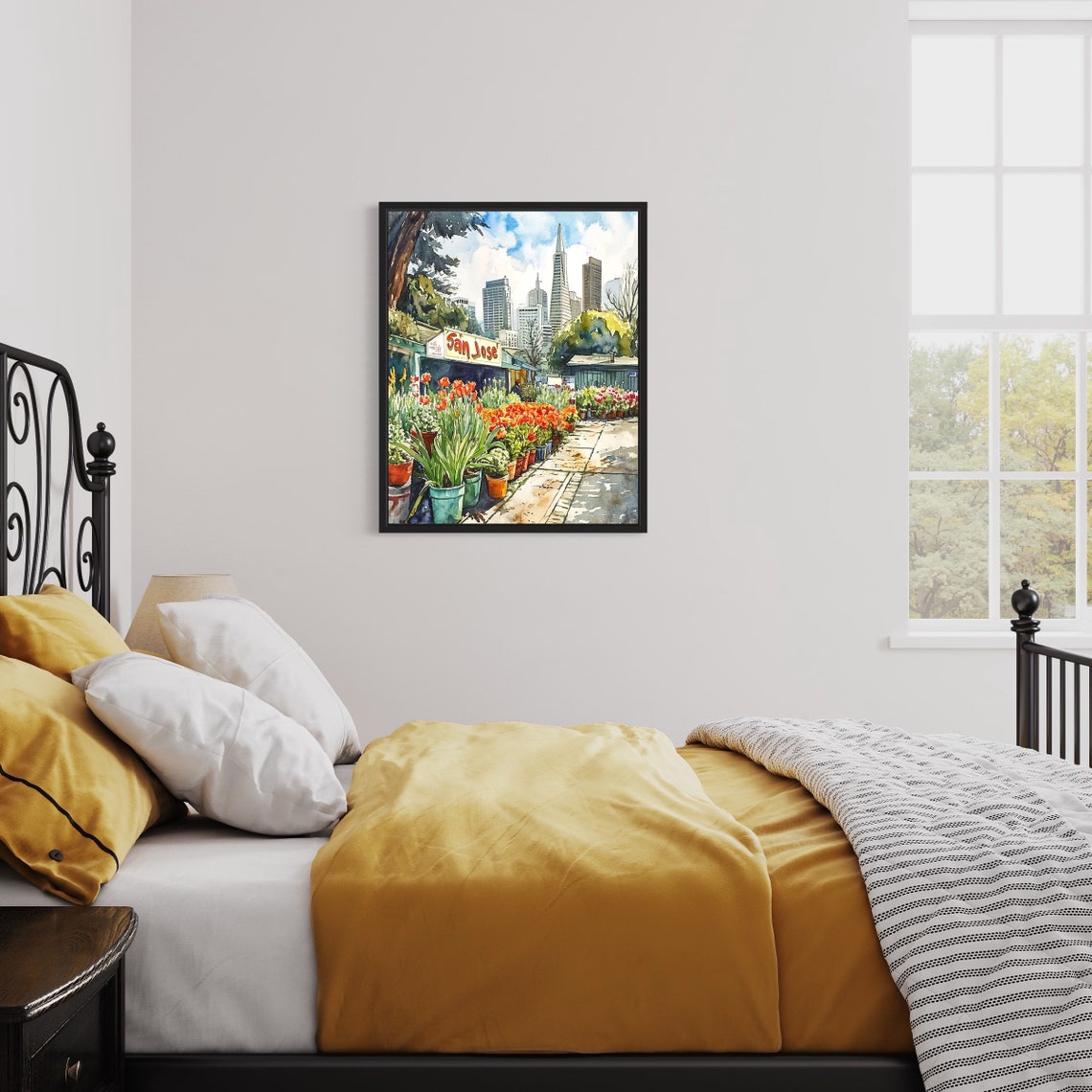 San Jose California Skyline Watercolor Flower Market Scene Poster - Image 3