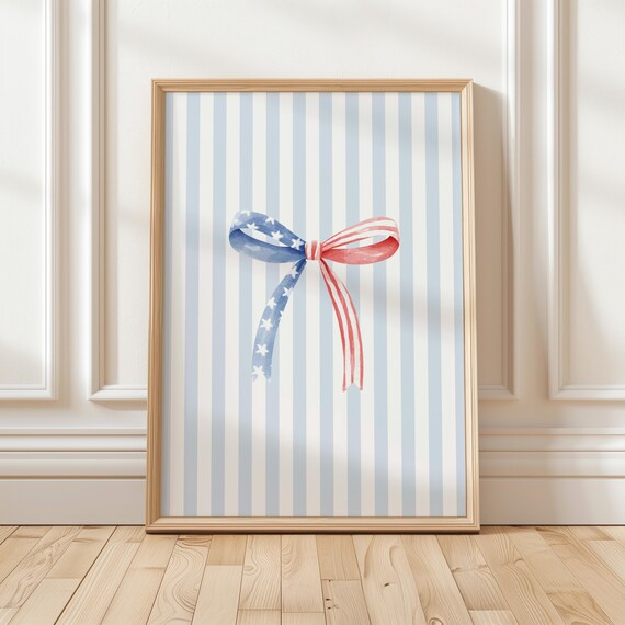 American Flag Ribbon Bow Watercolor Coastal Blue Striped Wall Poster