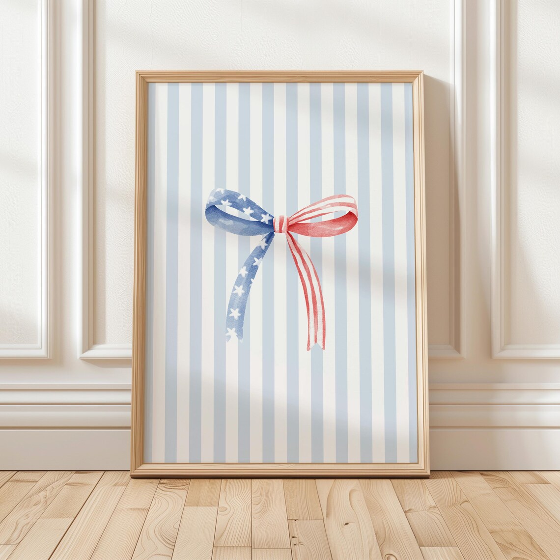 American Flag Ribbon Bow Watercolor Coastal Blue Striped Wall Poster