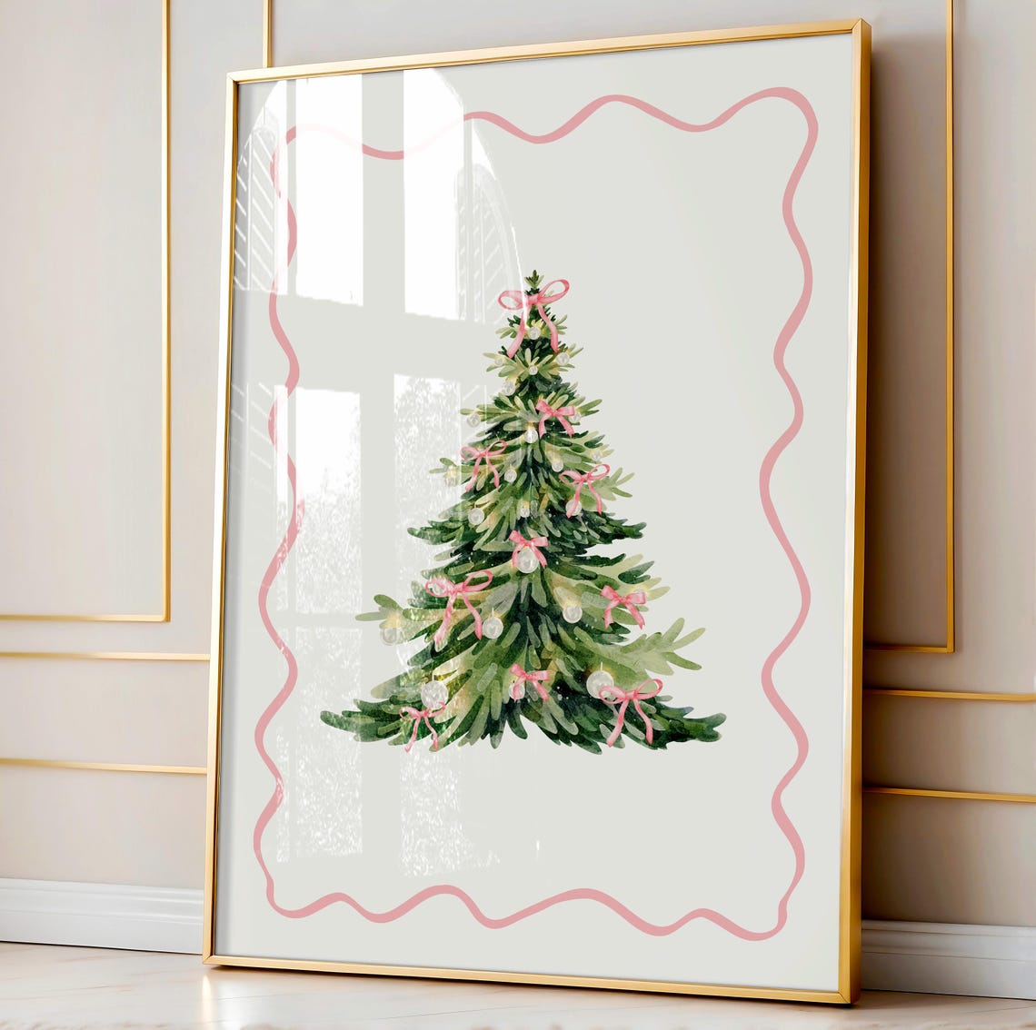 Pink Bow Christmas Tree Watercolor Whimsical Holiday Border Art Poster