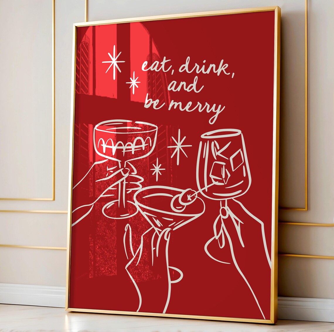 Eat Drink And Be Merry Red Line Art Cocktail Glasses Party Poster