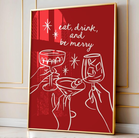 Eat Drink Be Merry Poster Little Cocktail Decor Holiday Cheers For Bar Cart Red Coquette Christmas Art Drinks