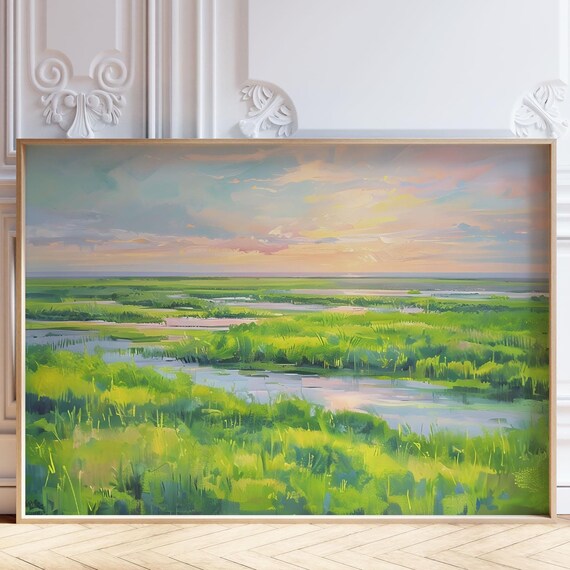 Colorful Marsh Sunset Landscape Pastel Impressionist Art Print