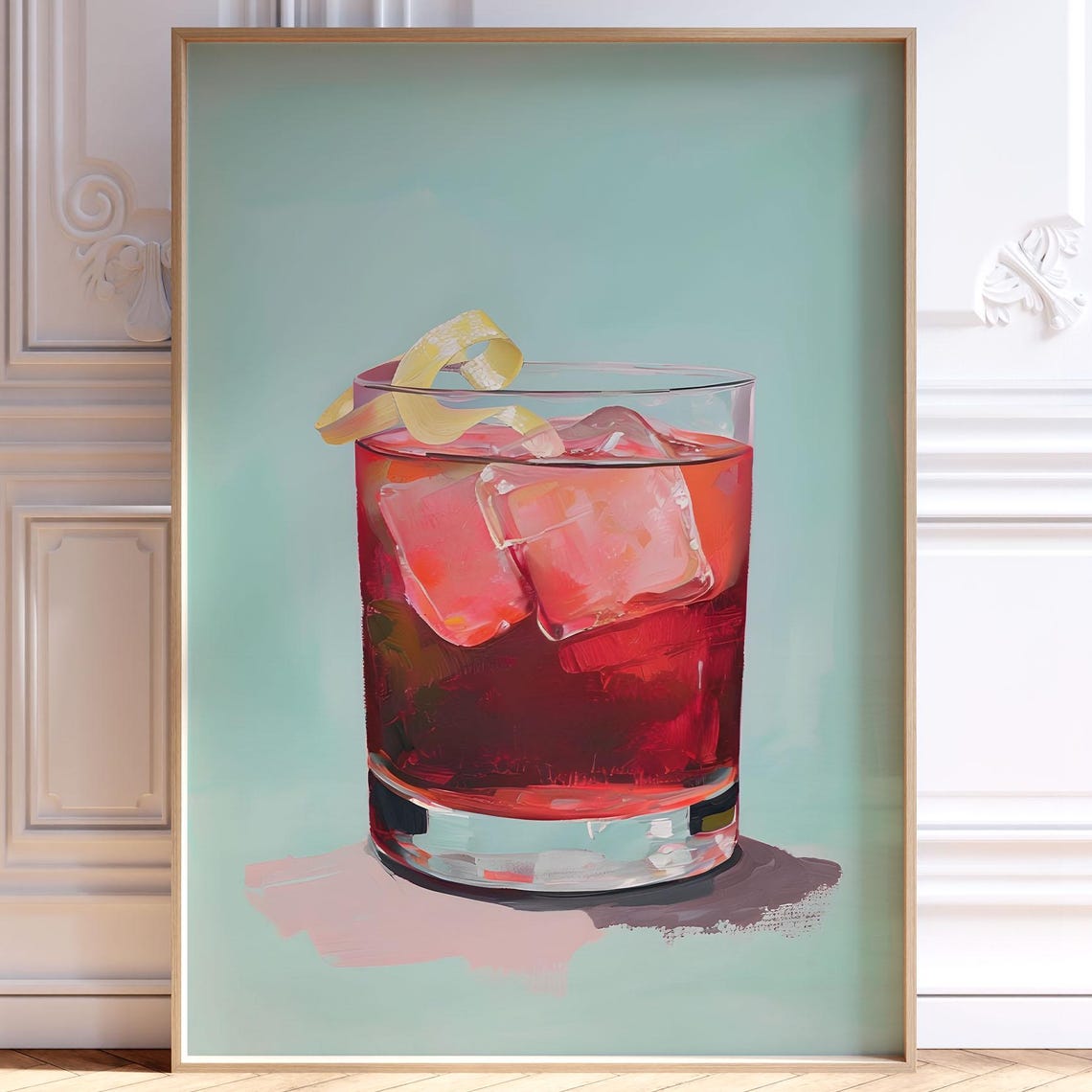 Painterly Red Cocktail with Ice and Lemon Twist Home Bar Poster