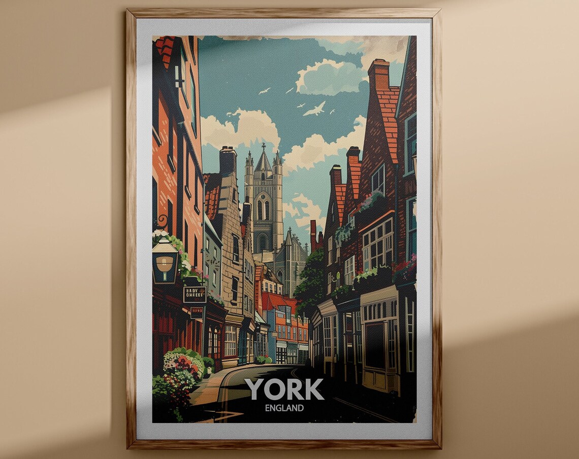 York Medieval Brick Street Church Spire Historic City Poster