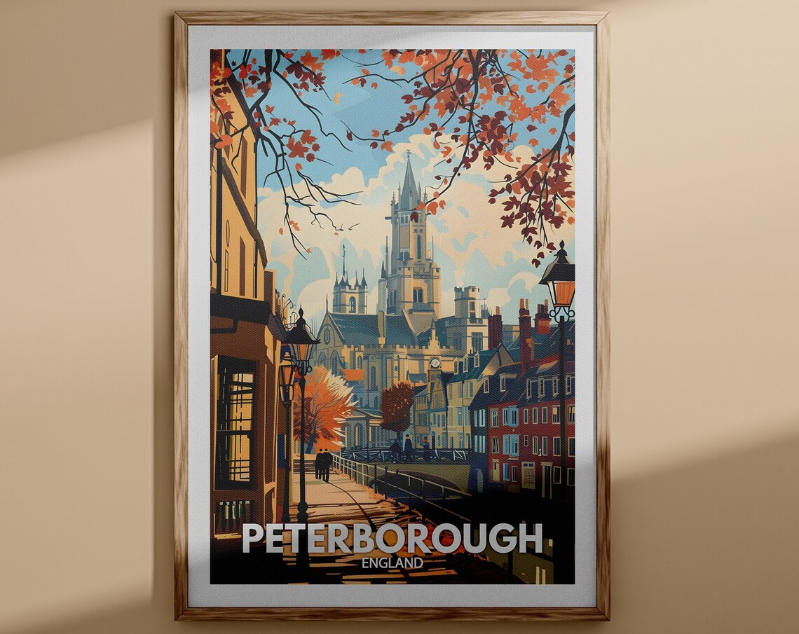 Peterborough England Autumn Cathedral Close Vintage Travel Poster