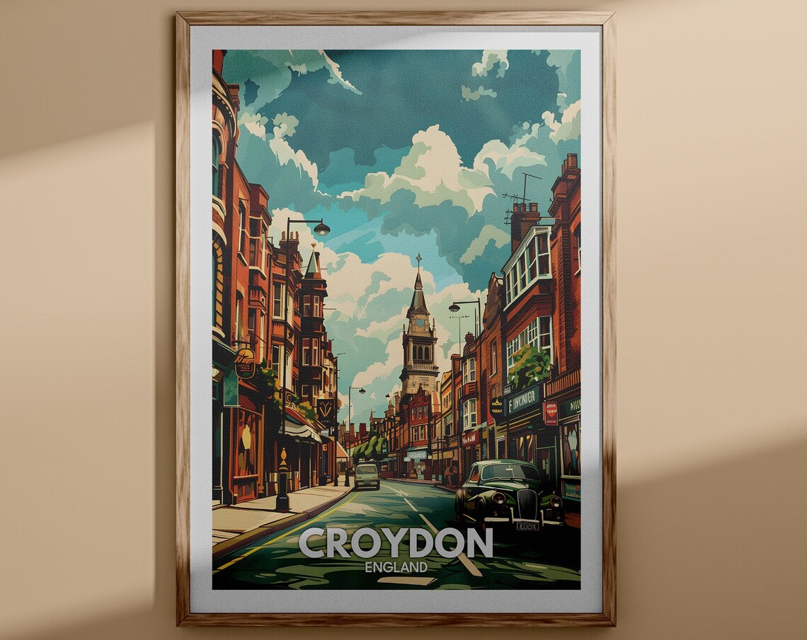 Croydon England Vintage City Street Clock Tower Classic Car Poster