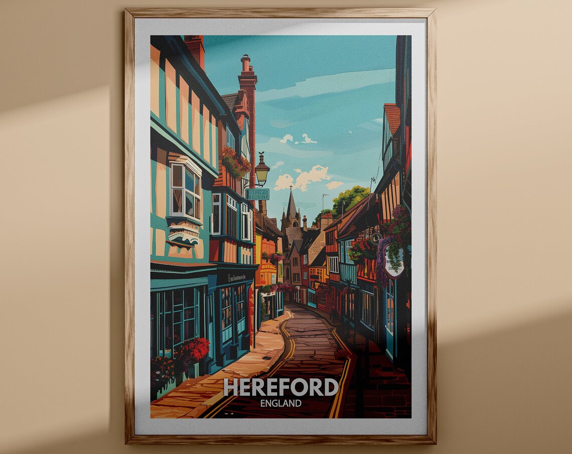 Hereford England Vintage Travel Poster Medieval Street Scene