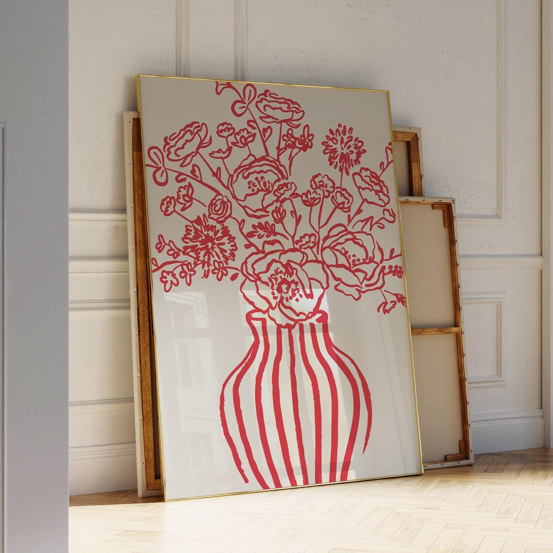 Red Ink Wildflower Bouquet Striped Vase Botanical Line Art Poster - Image 3