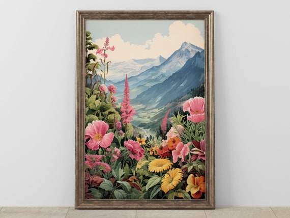 Vintage Floral Mountain Landscape Art Botanical Wall Decor Pastel Nature Scenery