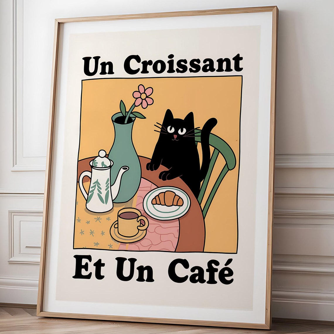 Un Croissant Et Un Café Cat, Vintage Kitchen Art Print