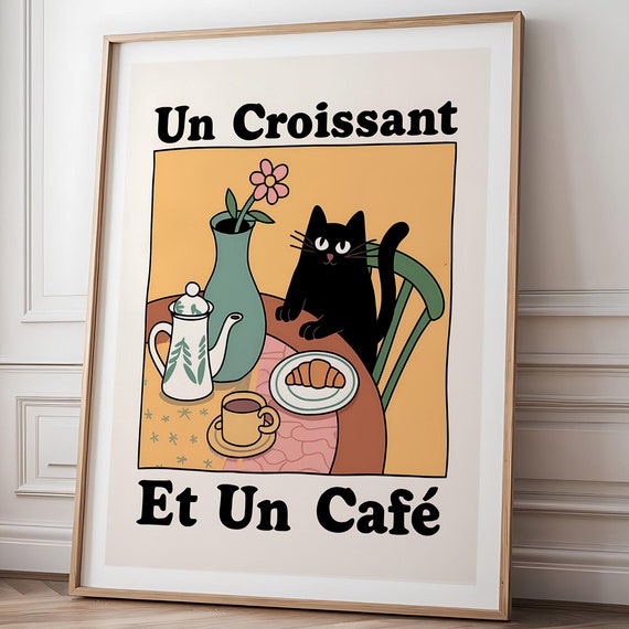 Un Croissant Et Un Café Cat, Vintage Kitchen Art Print
