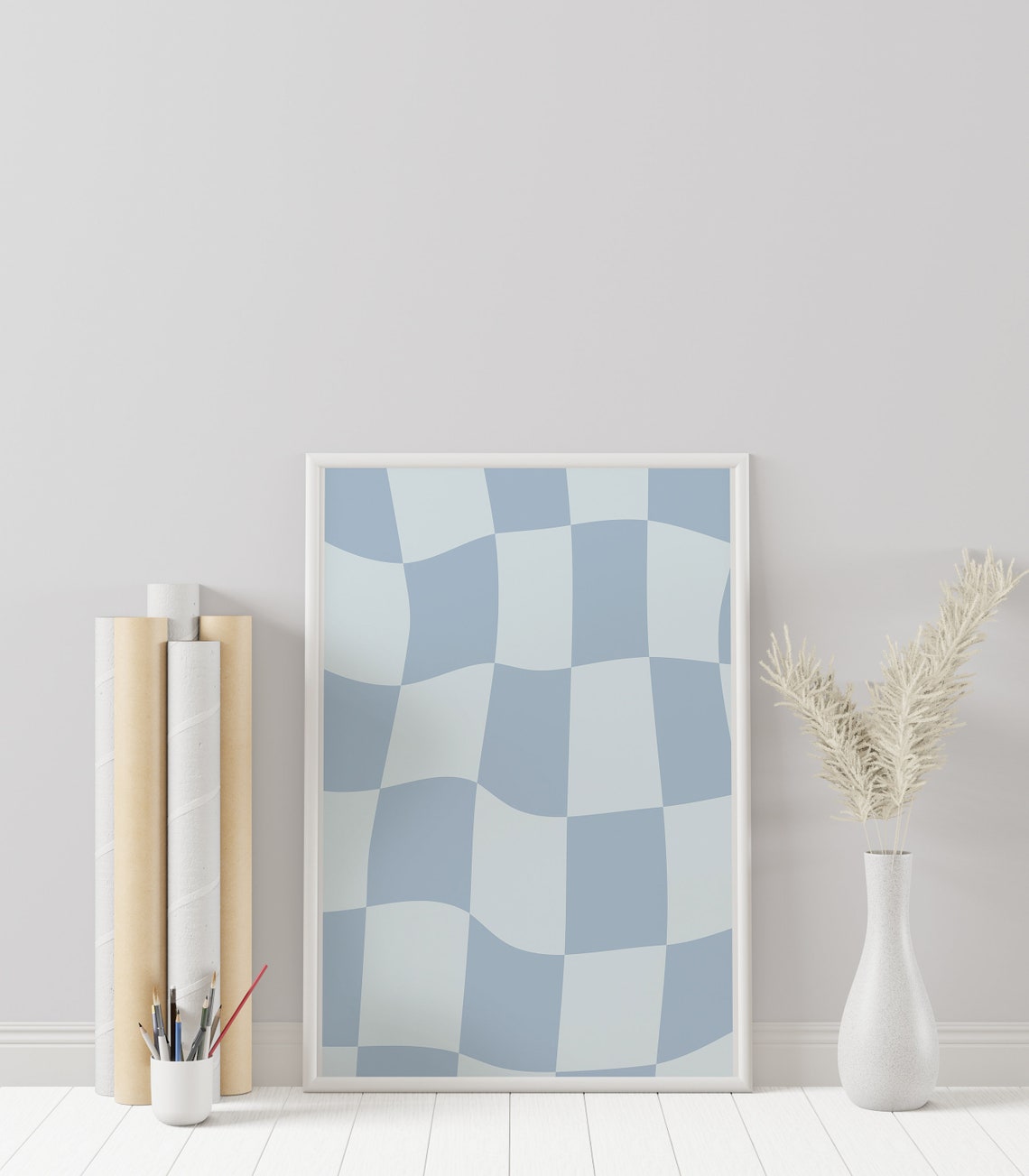 Pastel Blue Wavy Checkerboard Retro Groovy Abstract Pattern Poster