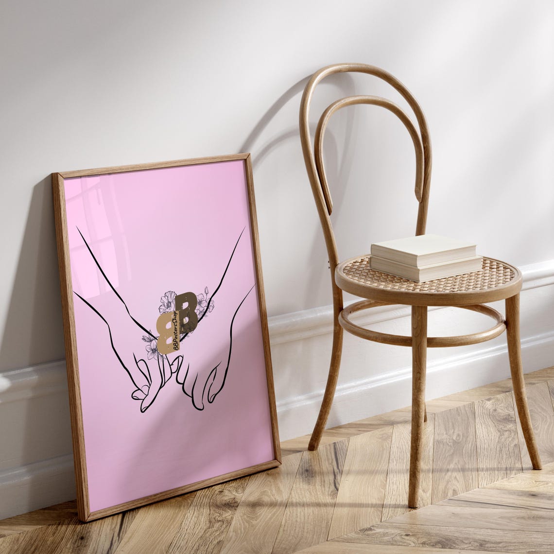 Pinky Promise Intertwined Couple Hands Line Art on Pink Poster