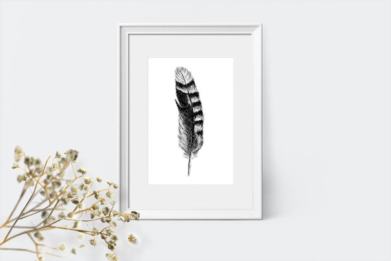 Nature Prints Tribal Decor Feather Wall Art Natural Art Bohemian Art Nordic Art Realistic Sketch Feather Print Jay Feather Print