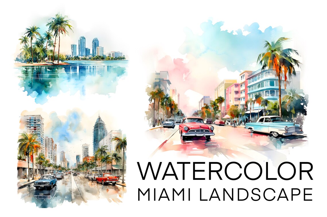 Miami Watercolor Tropical Landscapes Bundle, Travel Poster