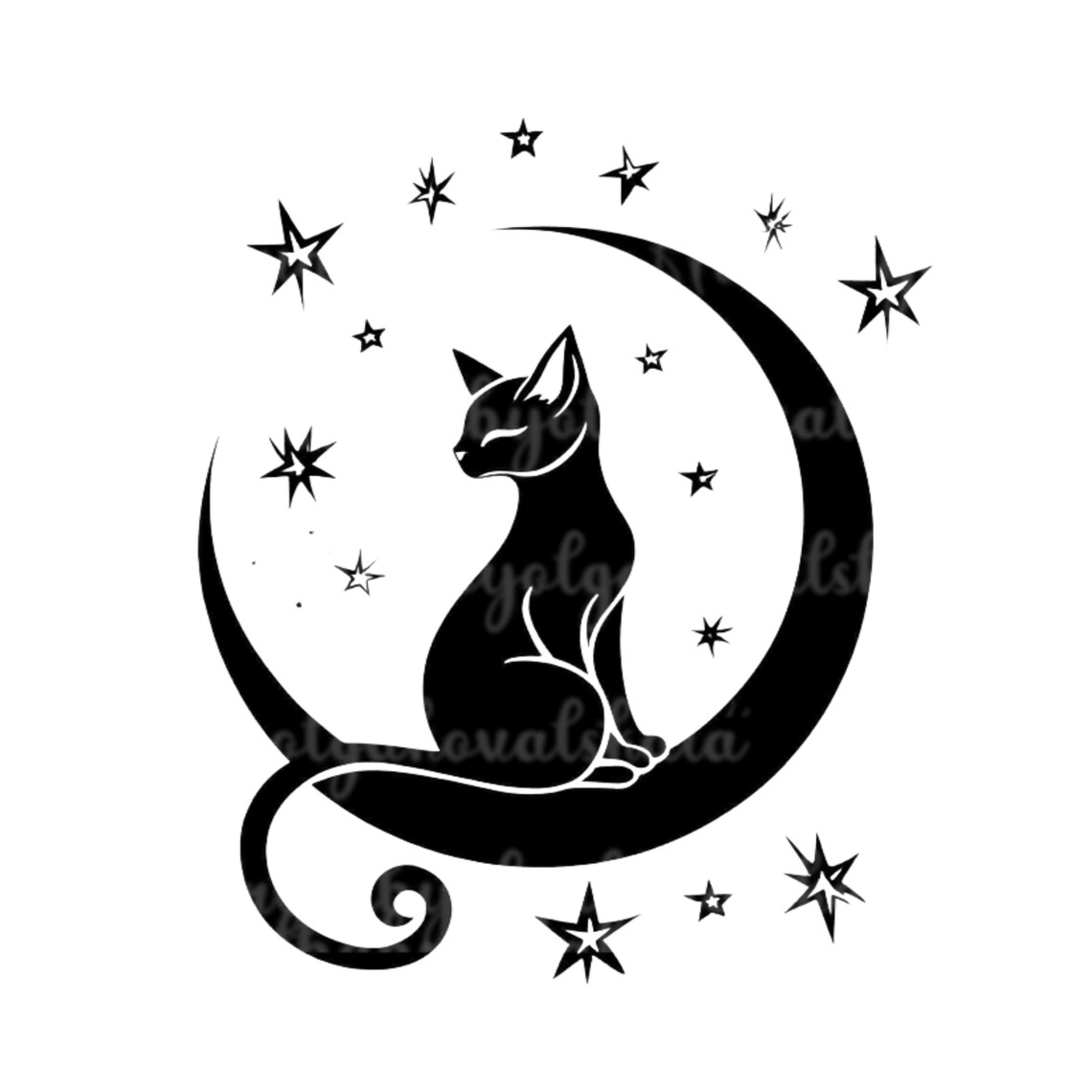 Black Cat on Crescent Moon Stars Silhouette Witchy Tattoo Design Wall Art Print