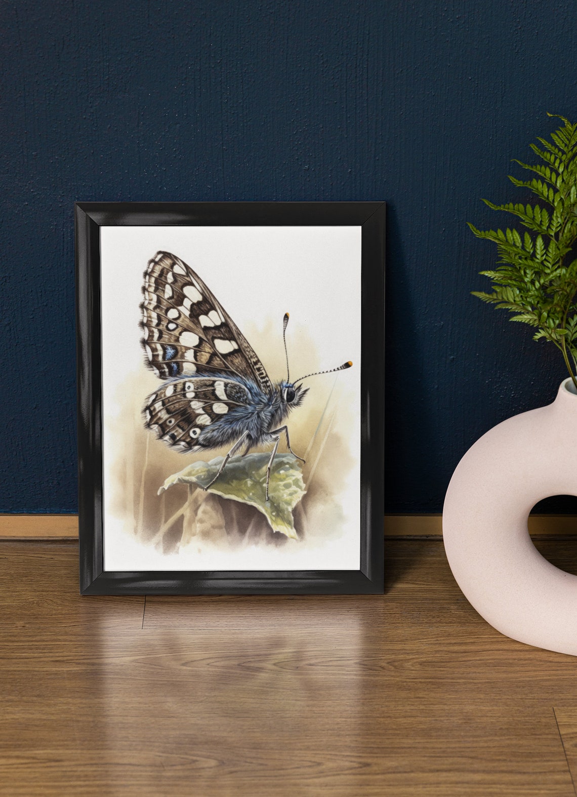 Checkered Skipper Butterfly Brown White Leaf Perch Watercolor Print