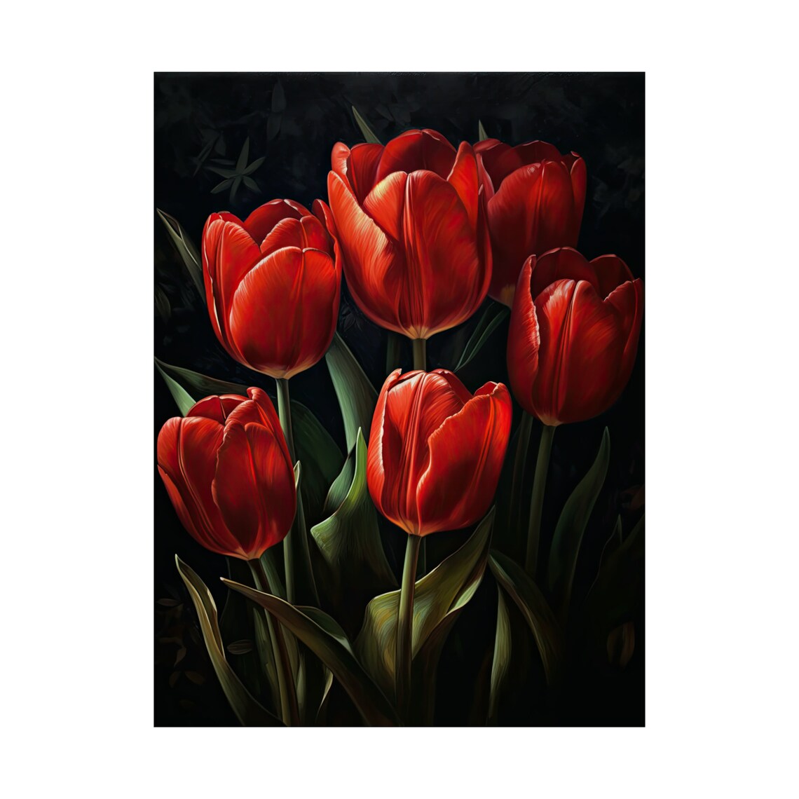 Five Red Tulips Dark Moody Oil Painting Dramatic Floral Wall Art - Image 4