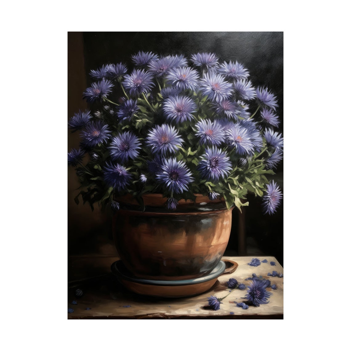 Blue Aster Blooms Bronze Pot Dark Moody Floral Still Life Poster - Image 4