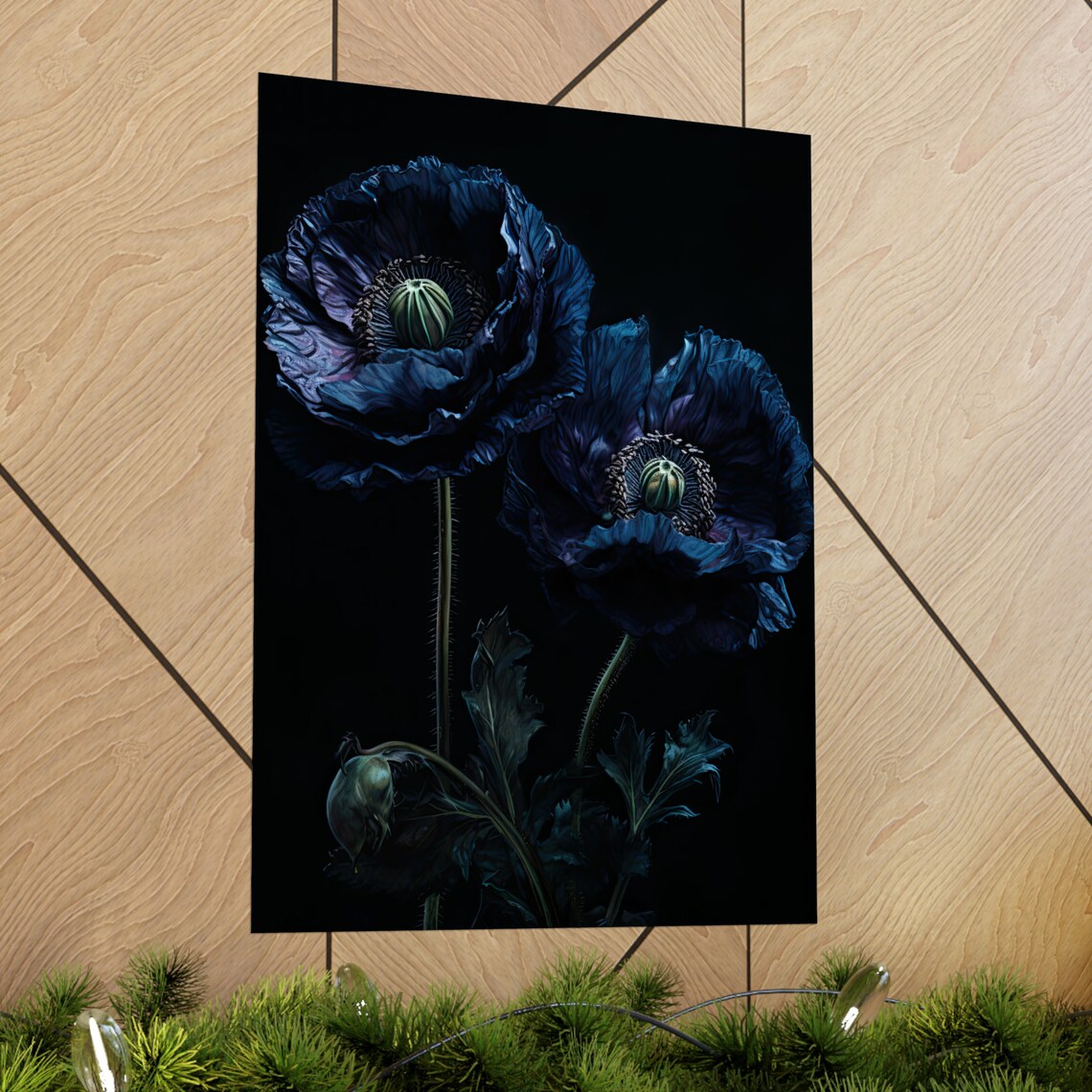 Blue Poppy Flowers Midnight Dark Botanical Oil Painting Art Print - Image 2