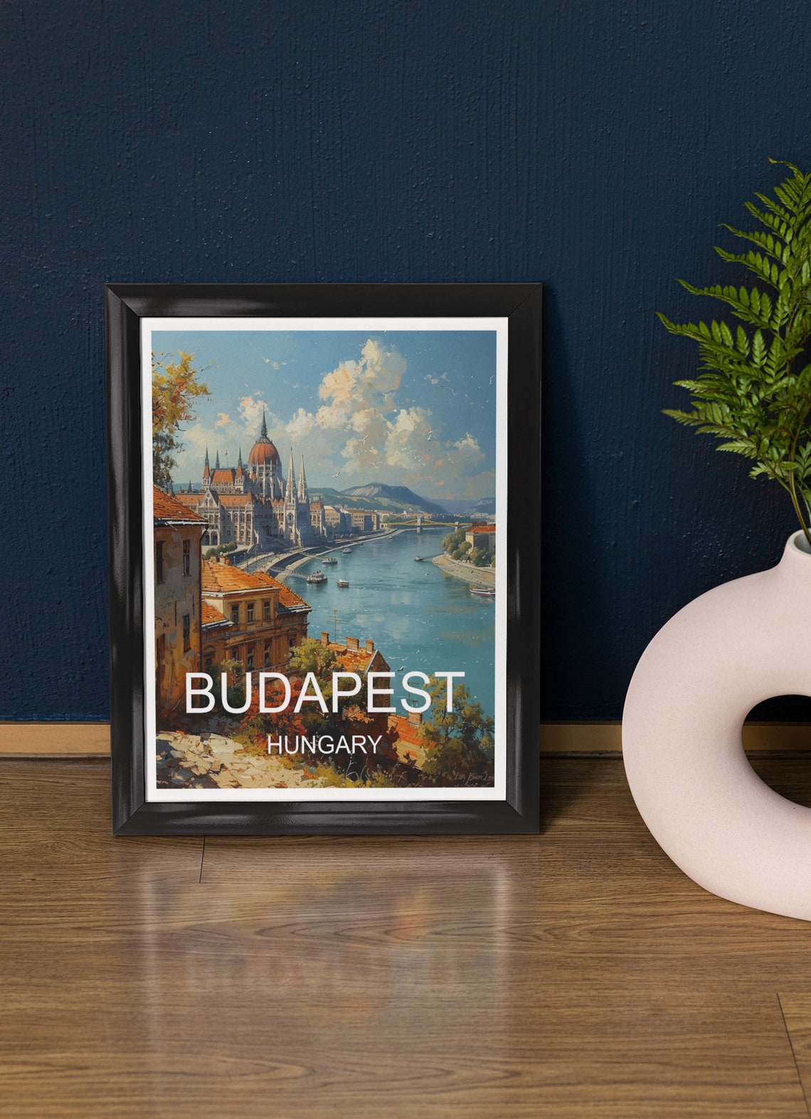 Budapest Hungary Parliament Danube River Skyline View Travel Poster