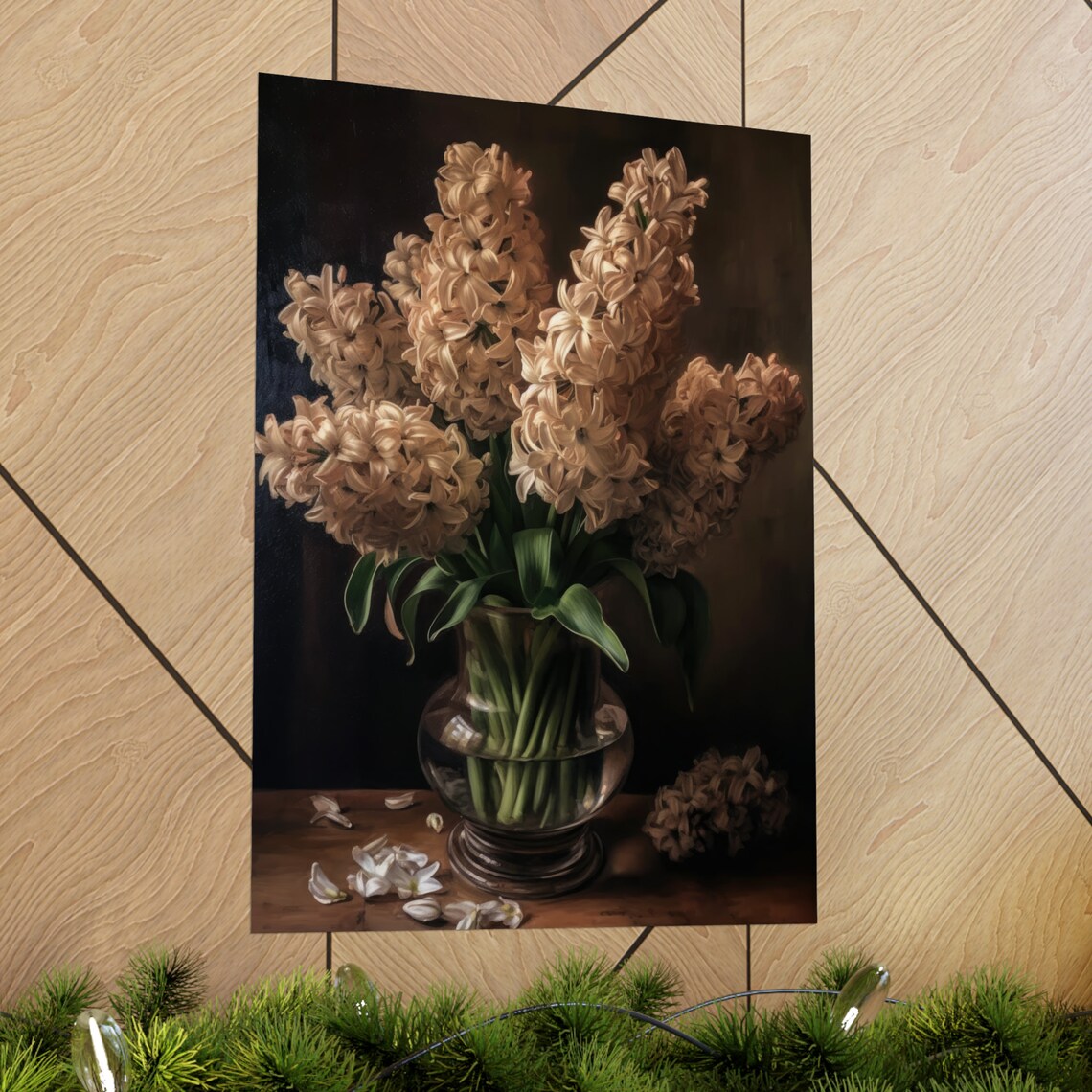 Cream Hyacinth Blooms Glass Vase Dark Moody Still Life Flower Poster - Image 2