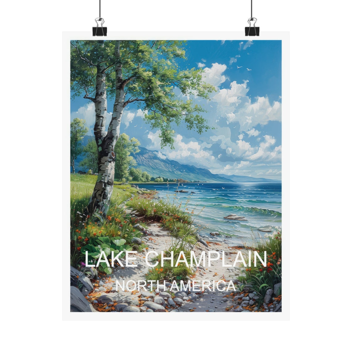 Lake Champlain Birch Trees Lakeside Mountain View Travel Poster - Image 4