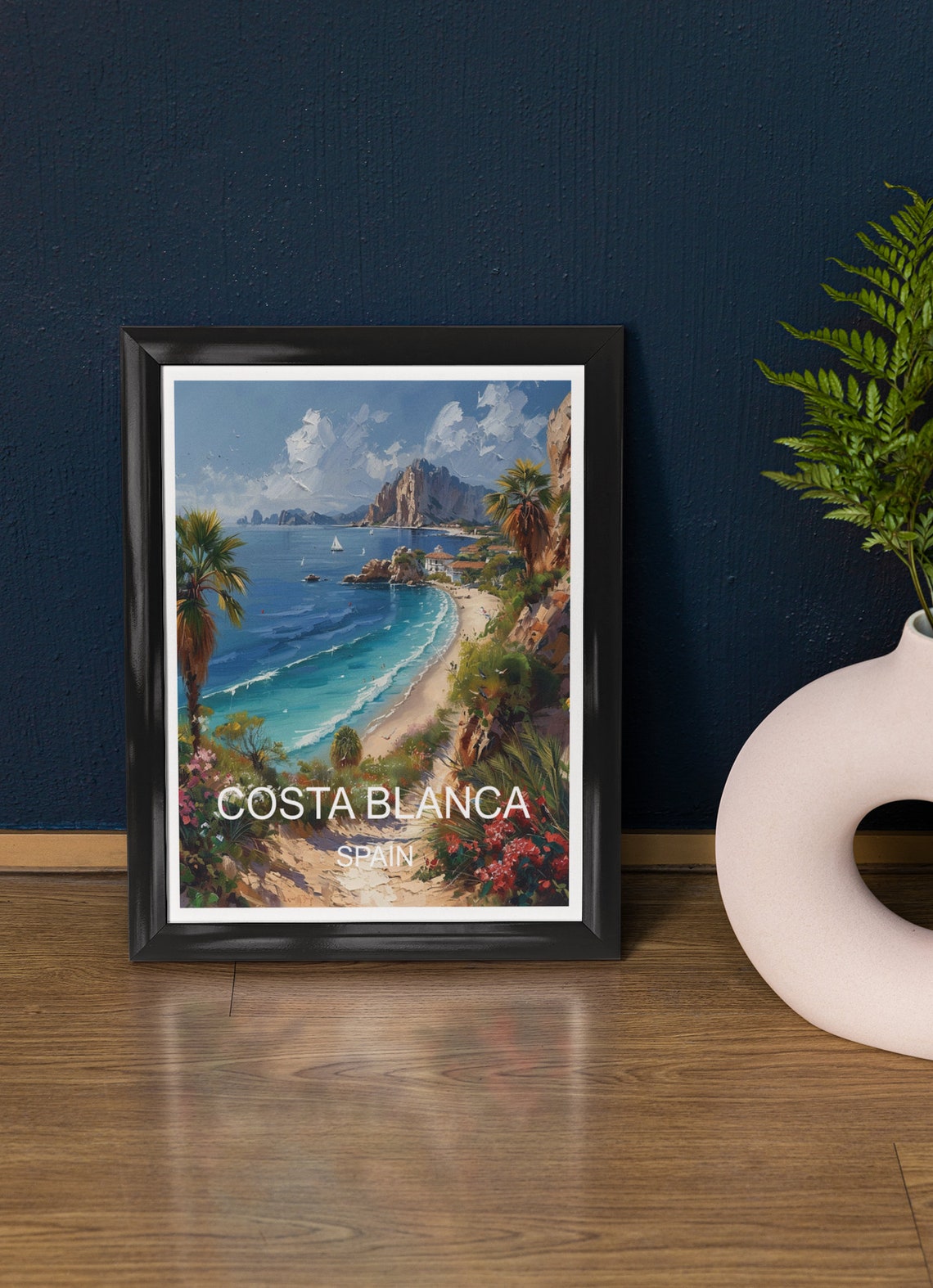 Costa Blanca Spain Turquoise Bay Beach Rocky Headland Palm View Poster