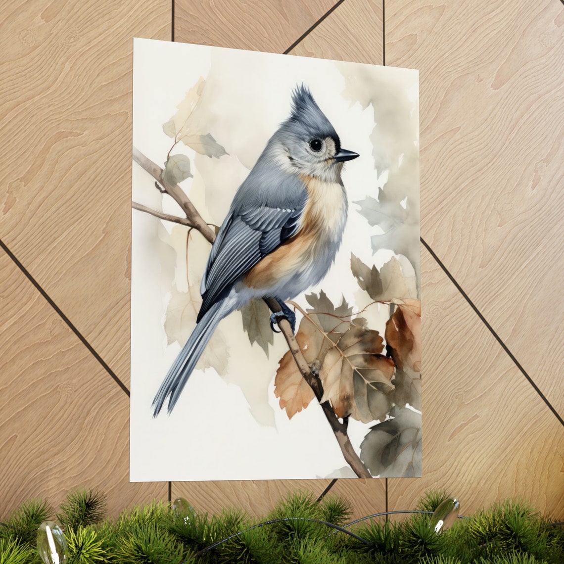 Tufted Titmouse Perched On Autumn Branch Soft Watercolor Bird Print - Image 2