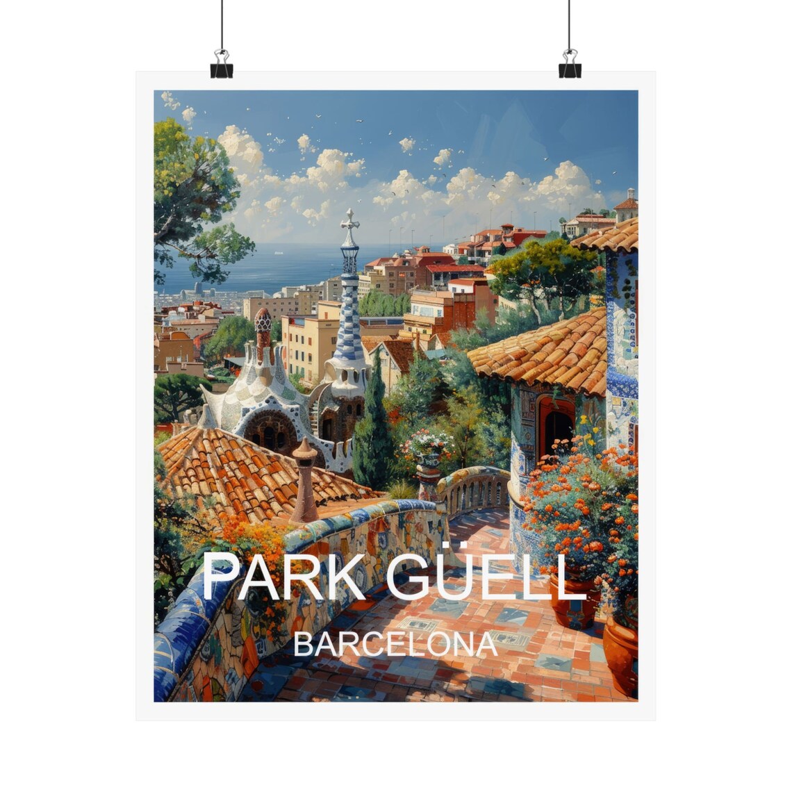 Barcelona Spain Park Guell Mosaic Terrace Gaudi Sea View Travel Poster - Image 5