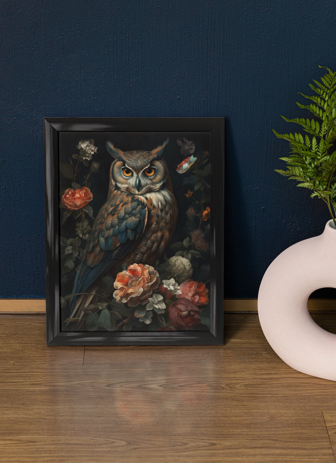 Great Horned Owl With Amber Eyes Among Dark Moody Roses Poster