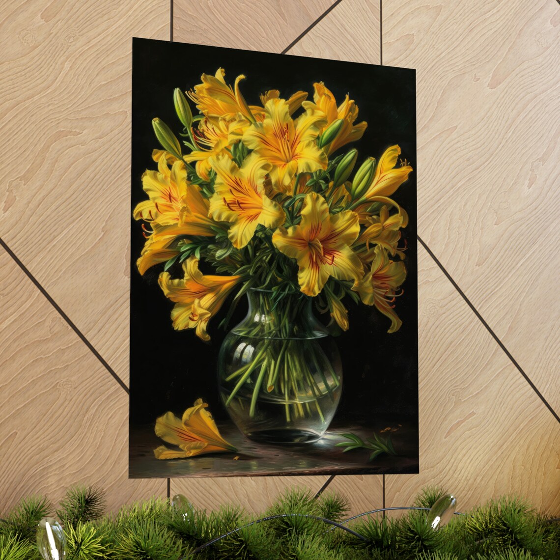 Yellow Alstroemeria Flowers Glass Vase Dark Elegant Floral Art Print - Image 2