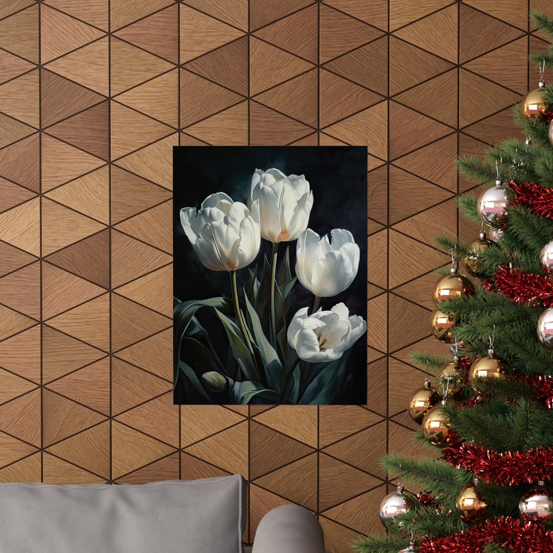 White Tulips Dark Background Elegant Floral Oil Painting Art Print - Image 3