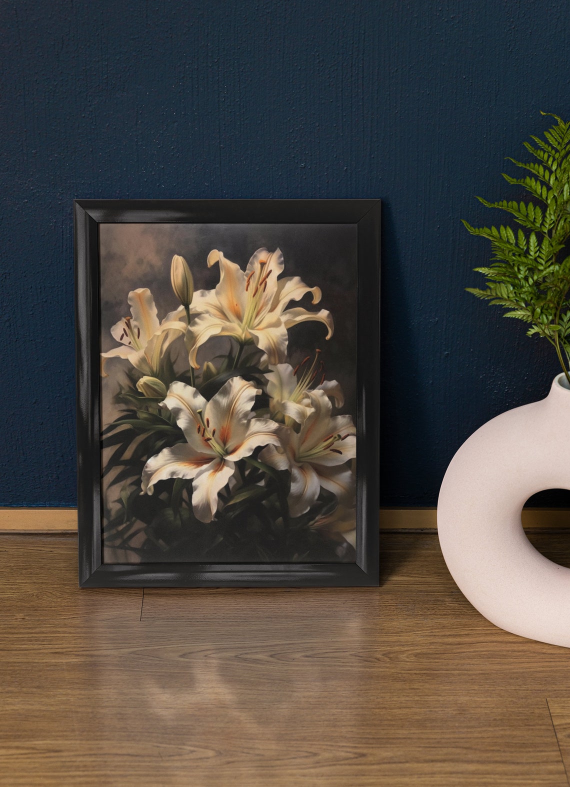 Cream Lily Blooms and Buds Ivory Dark Floral Botanical Art Print